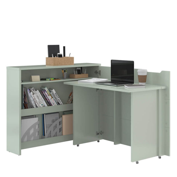 Lenart Birou Multifunctional din pal, extindere pe dreapta, cu etajere si rafturi, Work Concept CW01P Sage Mat, l115xA27-136xH93 cm