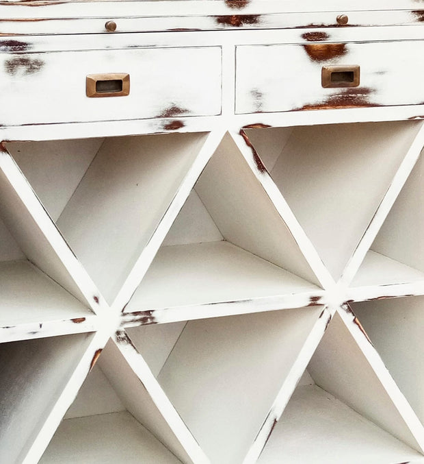 Moycor Cabinet cu vitrina din lemn, cu 2 sertare, 2 usi si suport sticle, Everest Alb Antichizat / Maro, l100xA35xH150 cm