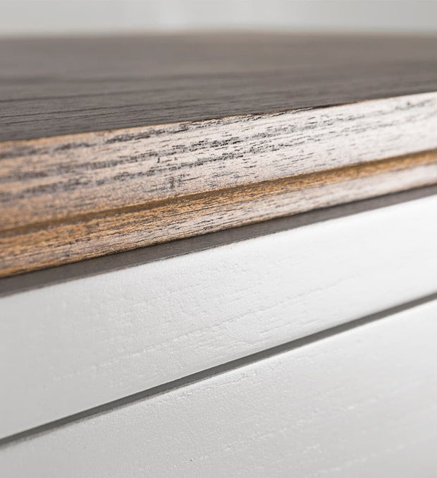 Moycor Cabinet cu vitrina din lemn si furnir, cu 6 sertare si 1 usa, Everest Big Alb / Maro, l90xA45xH135 cm