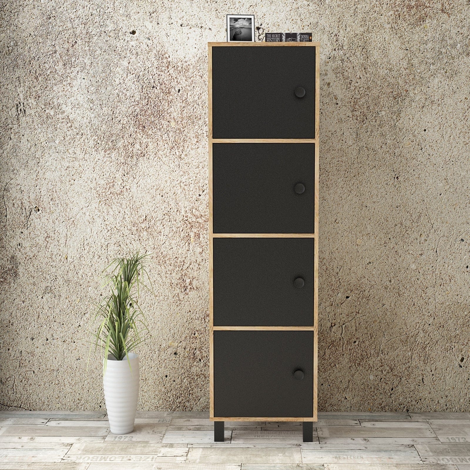 Cabinet din pal si lemn, cu 4 usi Vilamo VL30-238 Negru / Natural, l49xA40xH179,4 cm (1)