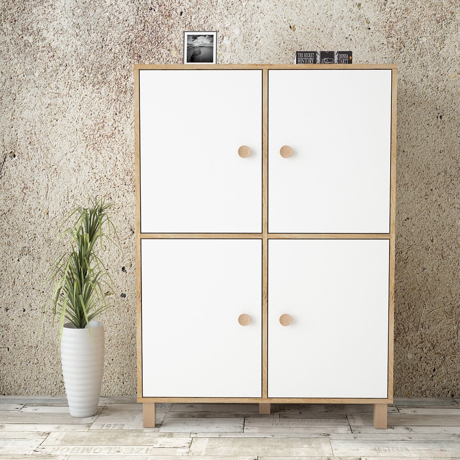 Cabinet din pal si lemn, cu 4 usi Vilamo VL45-217 Large Alb / Natural, l96xA40xH135,4 cm (1)