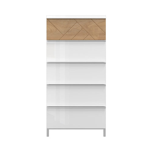 Jela Cabinet din pal si MDF, cu 5 sertare, Avis F5/AV Alb / Nuc Pacific, l60xA45xH123 cm