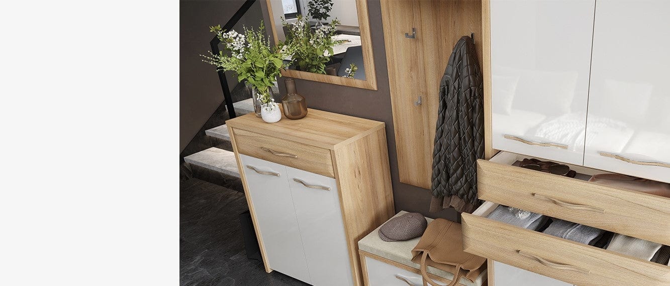 Jela Cabinet hol din pal si MDF, cu 2 usi si 1 sertar, Gala Bej / Nuc Pacific, l78xA36xH99 cm