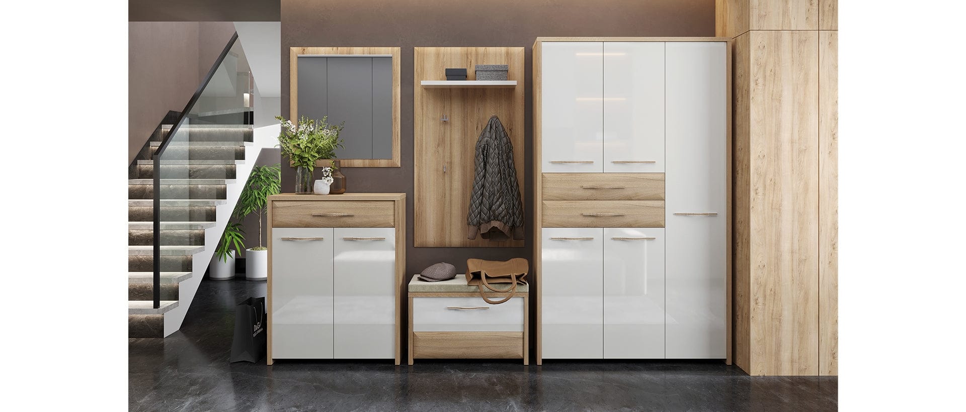 Jela Cabinet hol din pal si MDF, cu 2 usi si 1 sertar, Gala Bej / Nuc Pacific, l78xA36xH99 cm