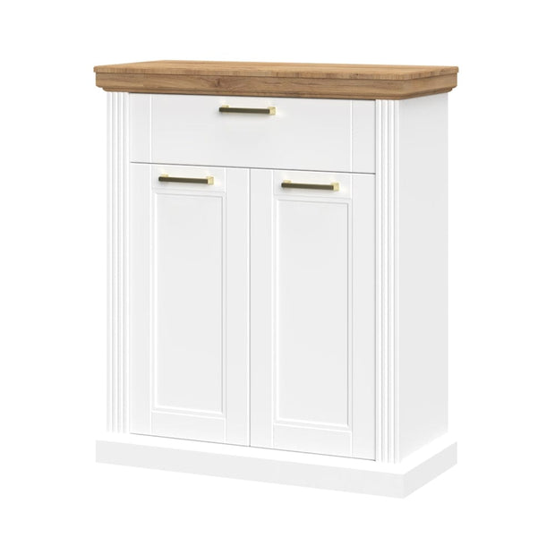 Jela Cabinet hol din pal si MDF, cu 2 usi si 1 sertar, Tara CPL21 Alb Mat / Nuc Pacific, l86xA38xH102 cm