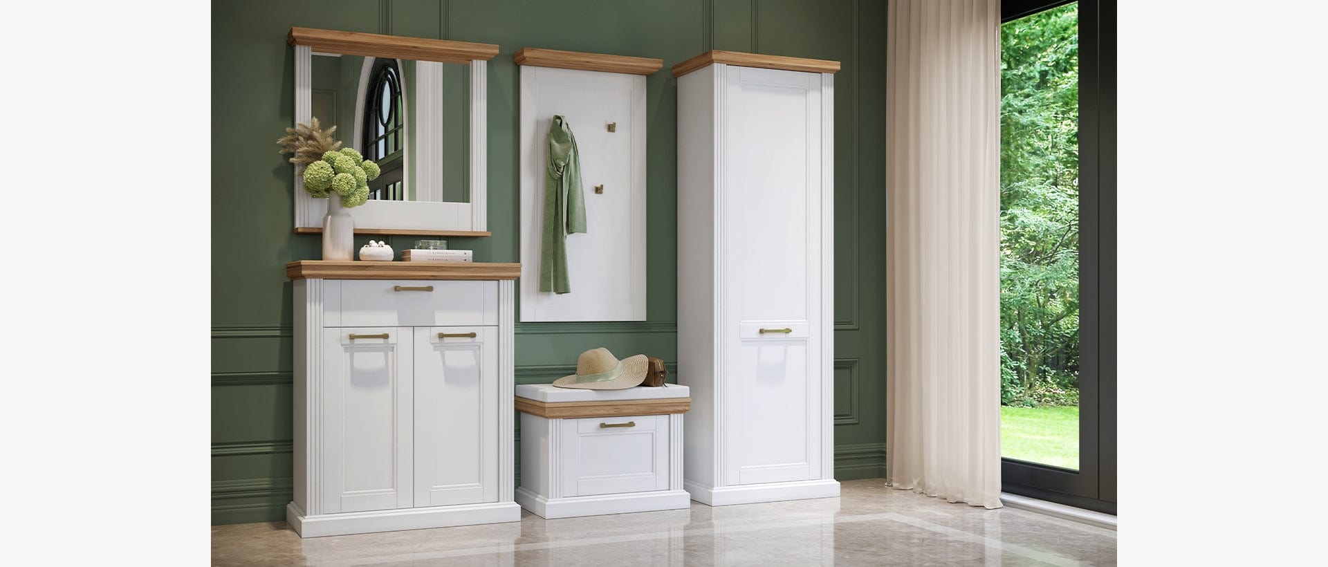Jela Cabinet hol din pal si MDF, cu 2 usi si 1 sertar, Tara CPL21 Alb Mat / Nuc Pacific, l86xA38xH102 cm