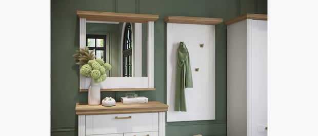 Jela Cabinet hol din pal si MDF, cu 2 usi si 1 sertar, Tara CPL21 Alb Mat / Nuc Pacific, l86xA38xH102 cm