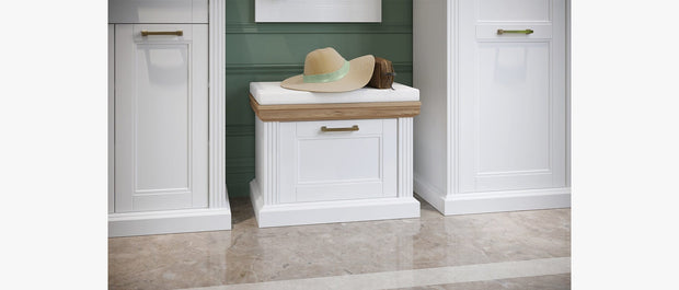 Jela Cabinet hol din pal si MDF, cu 2 usi si 1 sertar, Tara CPL21 Alb Mat / Nuc Pacific, l86xA38xH102 cm
