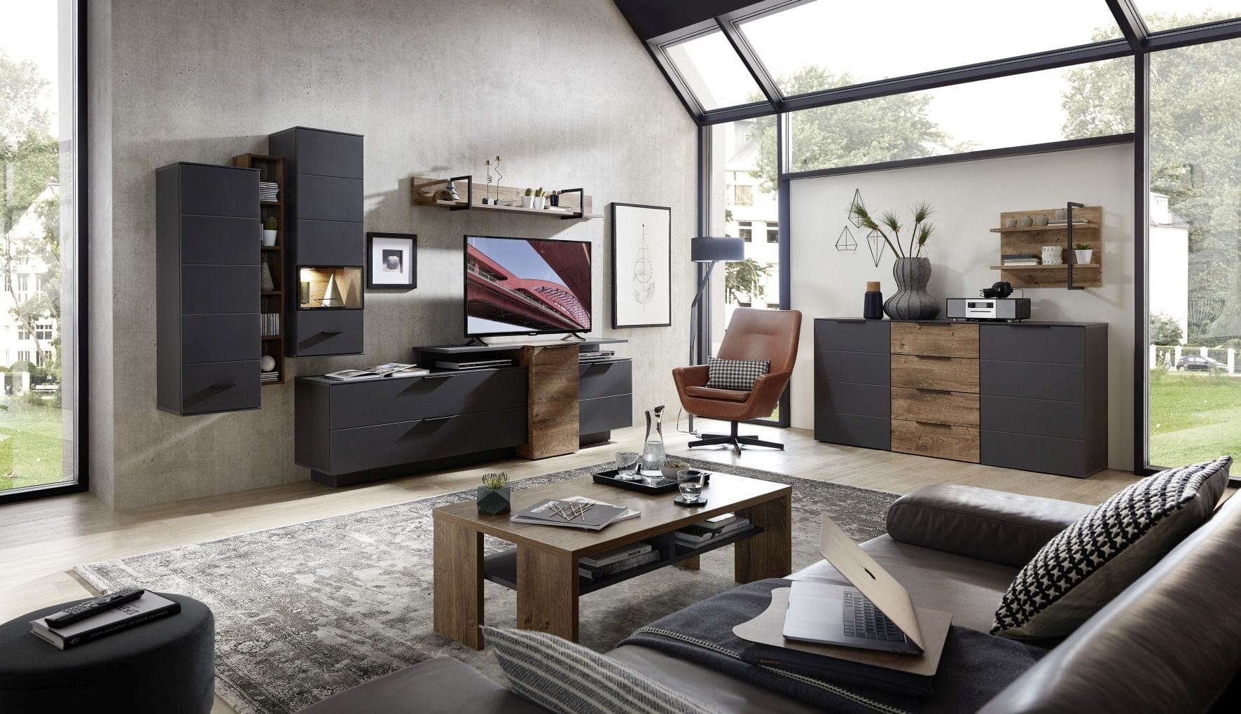 BFSummer Cabinet suspendat din pal si MDF cu 1 usa, Madeline Grafit, l40xA36xH125 cm