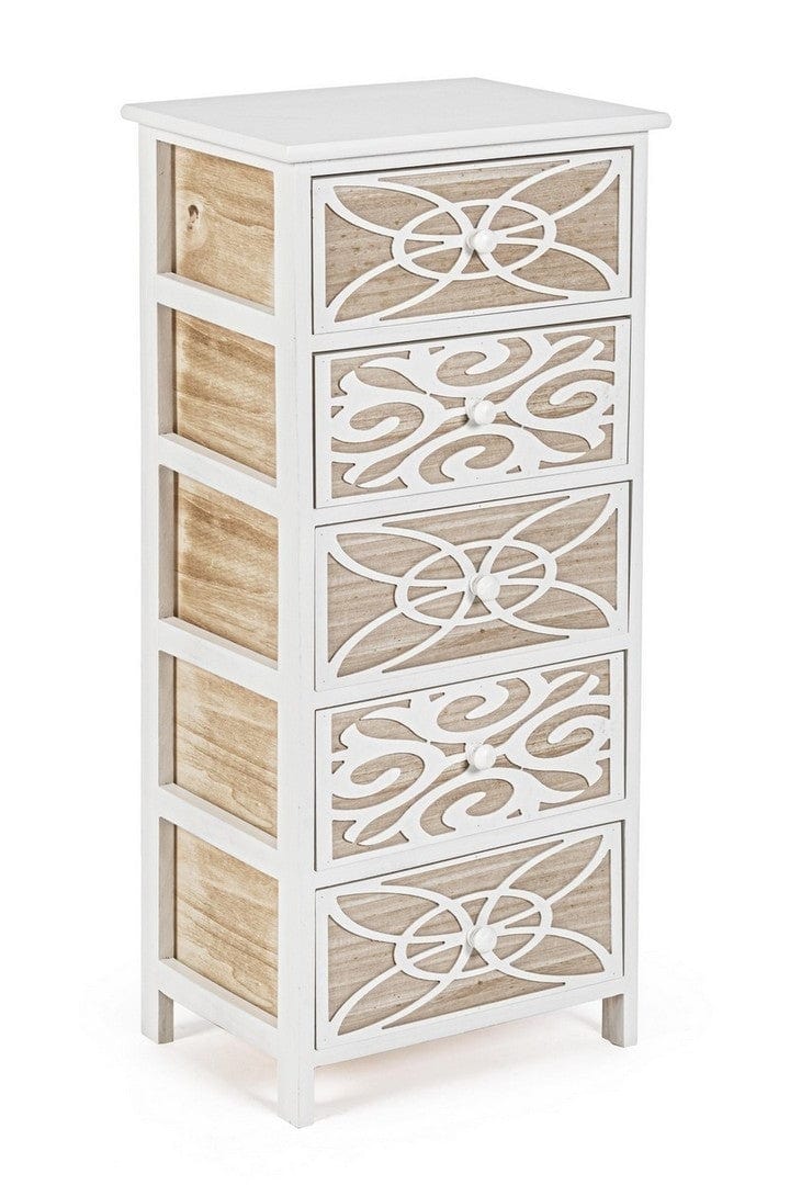 Cabinet din lemn de Paulownia si MDF, cu 5 sertare Pattern Alb / Natural, l40xA29xH90 cm