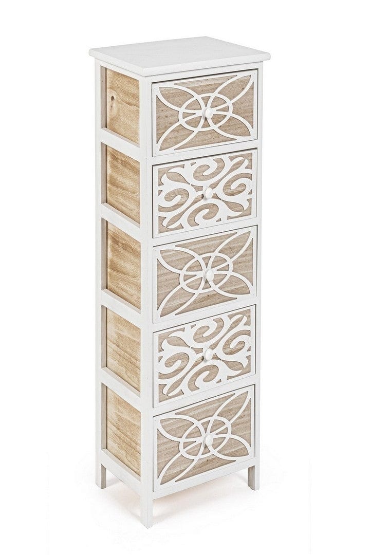 Cabinet din lemn de Paulownia si MDF, cu 5 sertare Pattern Slim Alb / Natural, l26xA32xH98 cm