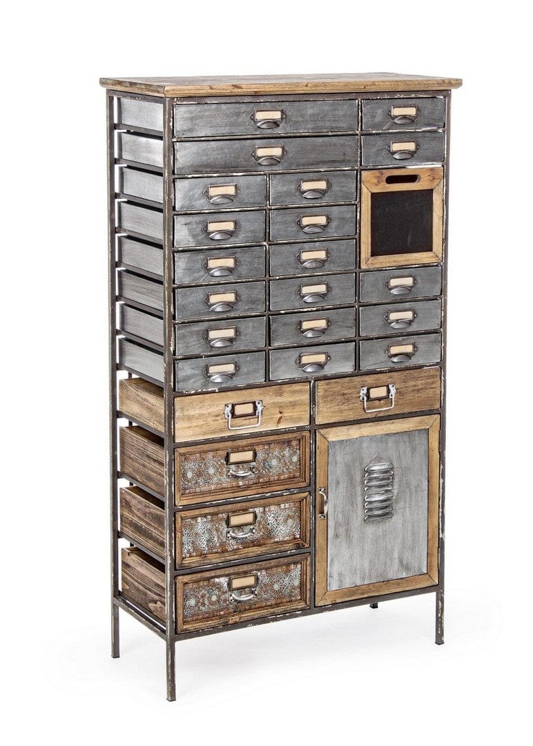 Cabinet din lemn de pin si metal, cu 25 sertare si 1 usa Officina Gri / Natural, l76,5xA32xH132,5 cm