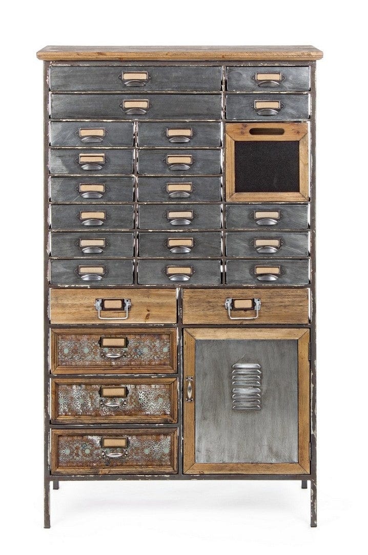 Cabinet din lemn de pin si metal, cu 25 sertare si 1 usa Officina Gri / Natural, l76,5xA32xH132,5 cm (1)