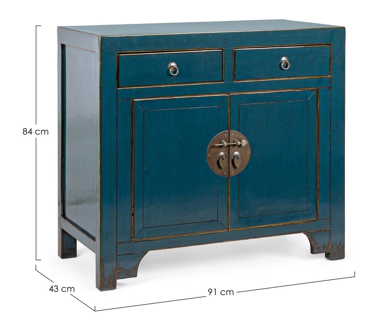 Cabinet din lemn reciclat de ulm, cu 2 sertare si 2 usi Jinan Albastru Antichizat, l91xA43xH84 cm (5)