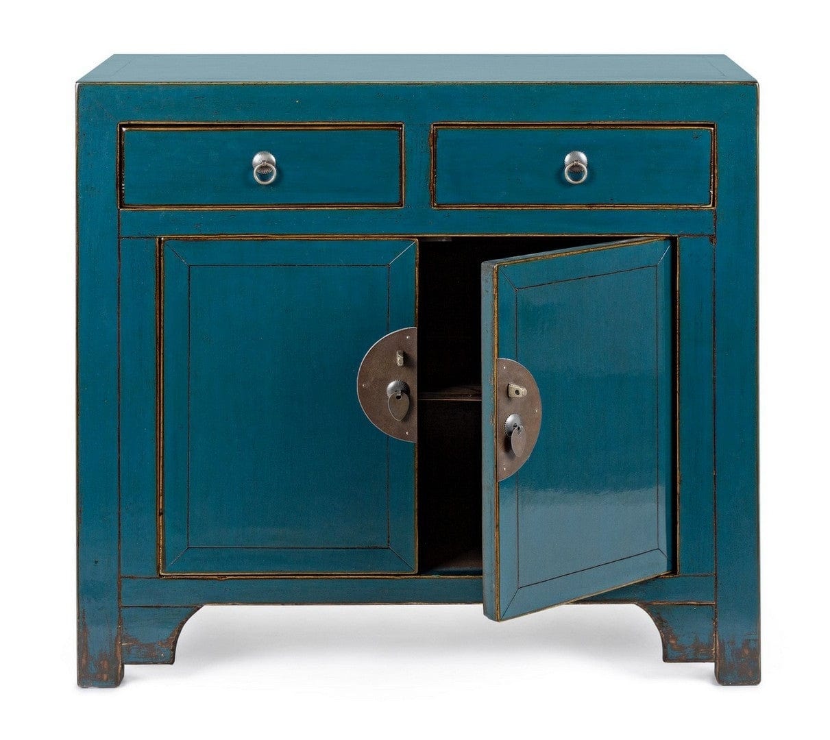 Cabinet din lemn reciclat de ulm, cu 2 sertare si 2 usi Jinan Albastru Antichizat, l91xA43xH84 cm (2)
