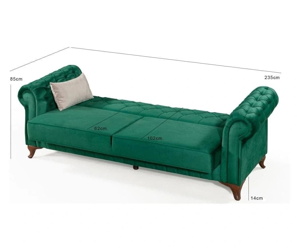 Canapea Extensibila, 3 Locuri, Lada de Depozitare, tapitata cu stofa, Pedesa Velvet Verde, l235xA90xH85 cm (5)