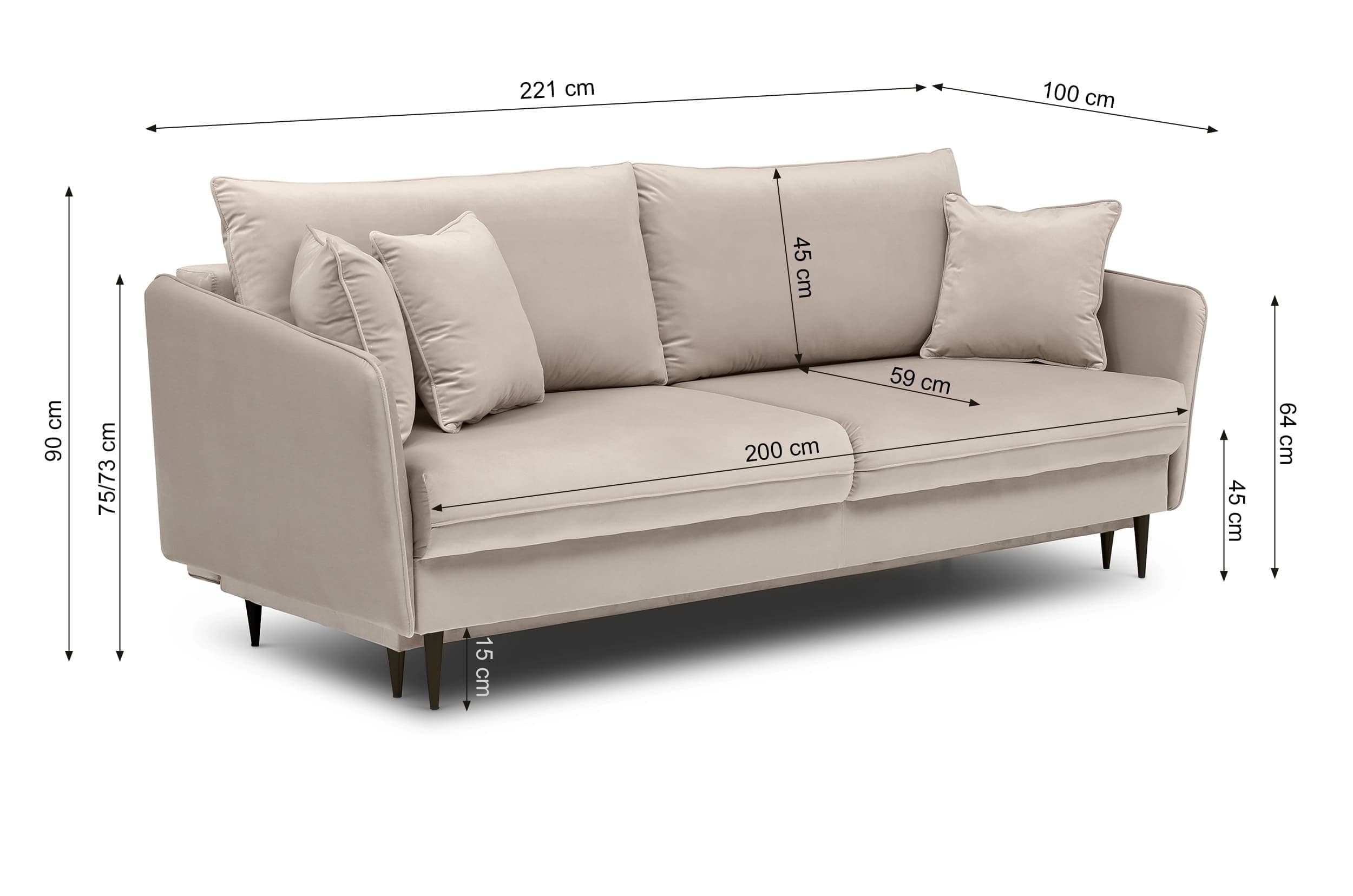 Puszman Canapea Extensibila, 3 Locuri, Lada de Depozitare, tapitata cu stofa, Perne Incluse, Volio Velvet Bej, l221xA100xH90 cm