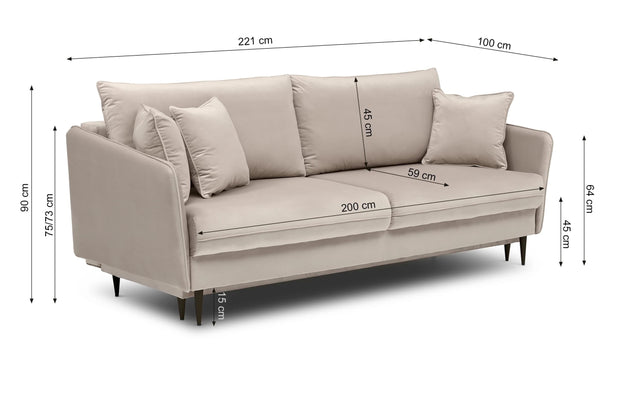 Puszman Canapea Extensibila, 3 Locuri, Lada de Depozitare, tapitata cu stofa, Perne Incluse, Volio Velvet Bej, l221xA100xH90 cm