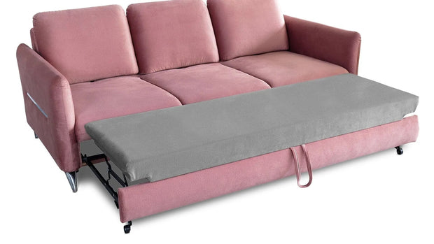 Canapea Extensibila, 3 Locuri, tapitata cu stofa, Spatar Reglabil, Tangit Velvet Roz / Crom, l256xA114xH90 cm (1)