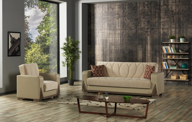 Serhat Canapea extensibila cu lada de depozitare, tapitata cu stofa 3 locuri Bugatti Crem, l230xA80xH90 cm