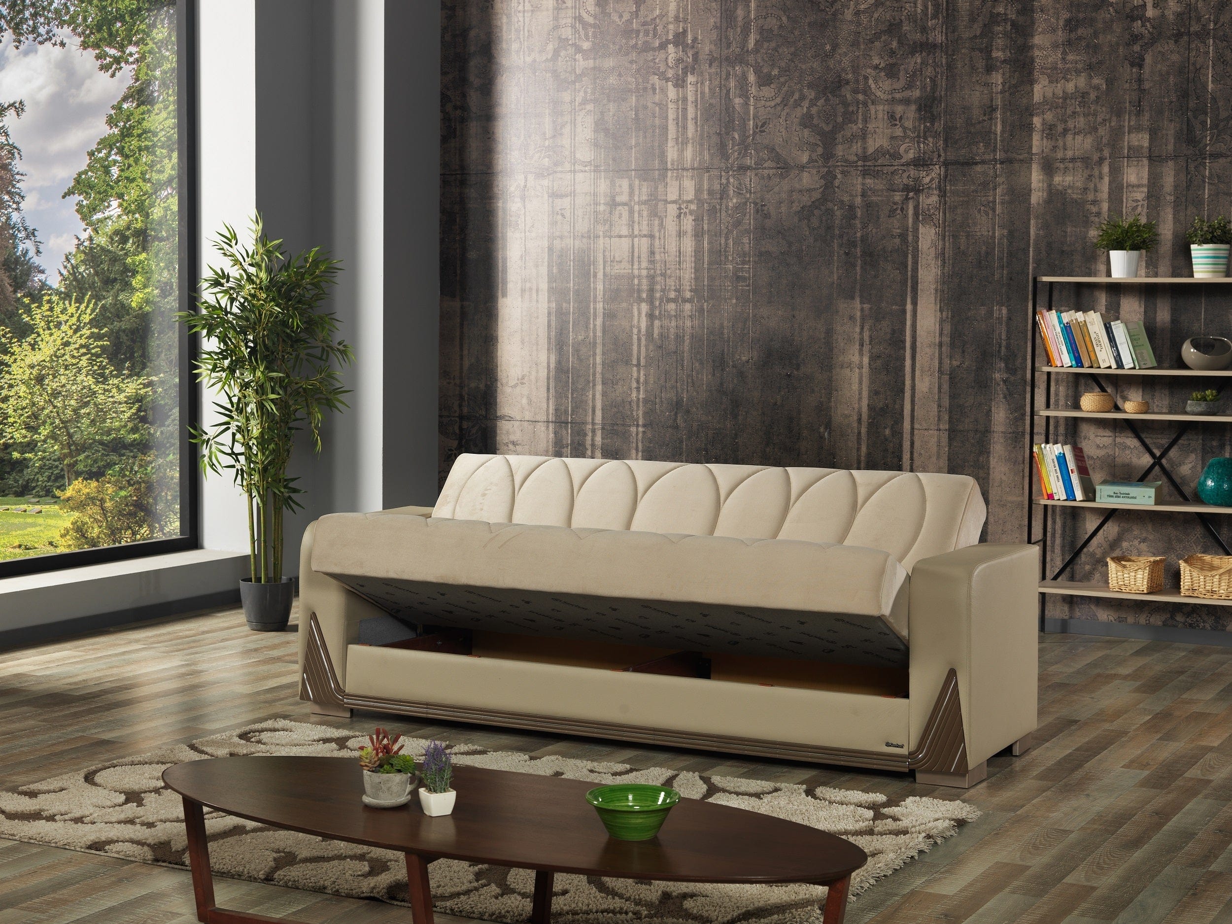 Serhat Canapea extensibila cu lada de depozitare, tapitata cu stofa 3 locuri Bugatti Crem, l230xA80xH90 cm