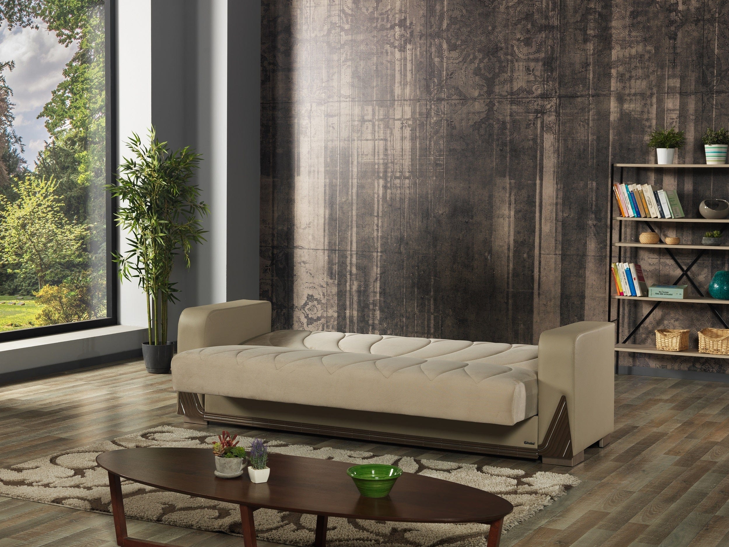 Serhat Canapea extensibila cu lada de depozitare, tapitata cu stofa 3 locuri Bugatti Crem, l230xA80xH90 cm