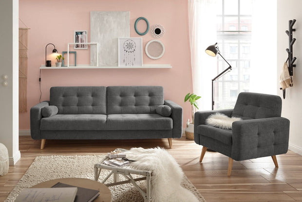 BlackRedWhite Canapea extensibila cu lada de depozitare, tapitata cu stofa, 3 locuri, Ford Gri Inchis, l222xA90xH86 cm