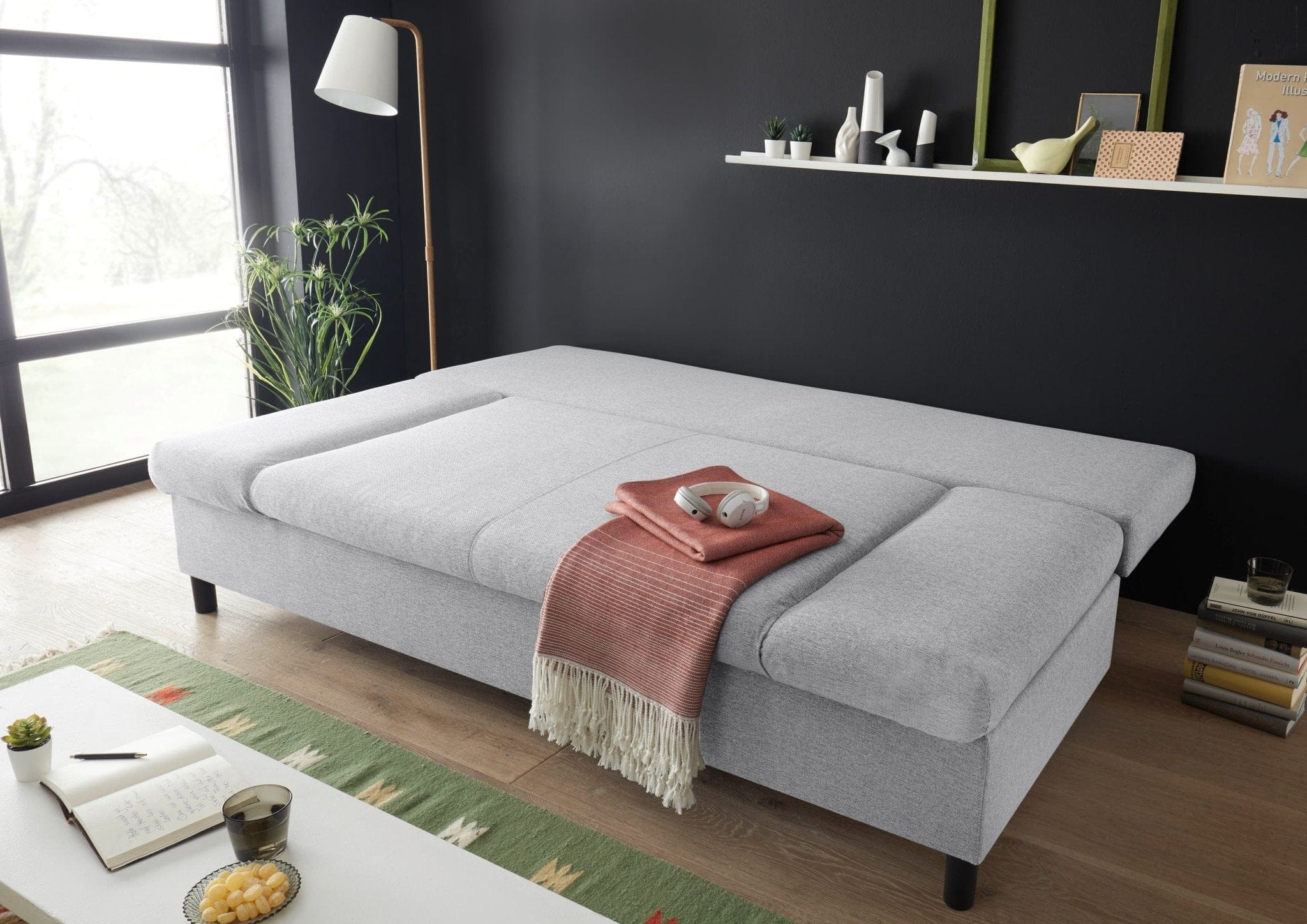 BlackRedWhite Canapea extensibila cu lada de depozitare, tapitata cu stofa, 3 locuri, Lenis Gri deschis, l200xA85xH92 cm