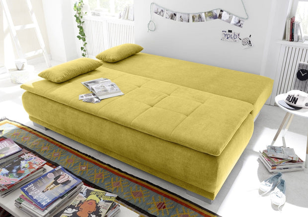 BlackRedWhite Canapea extensibila cu lada de depozitare, tapitata cu stofa, 3 locuri, Lois Mustariu, l211xA103xH93 cm