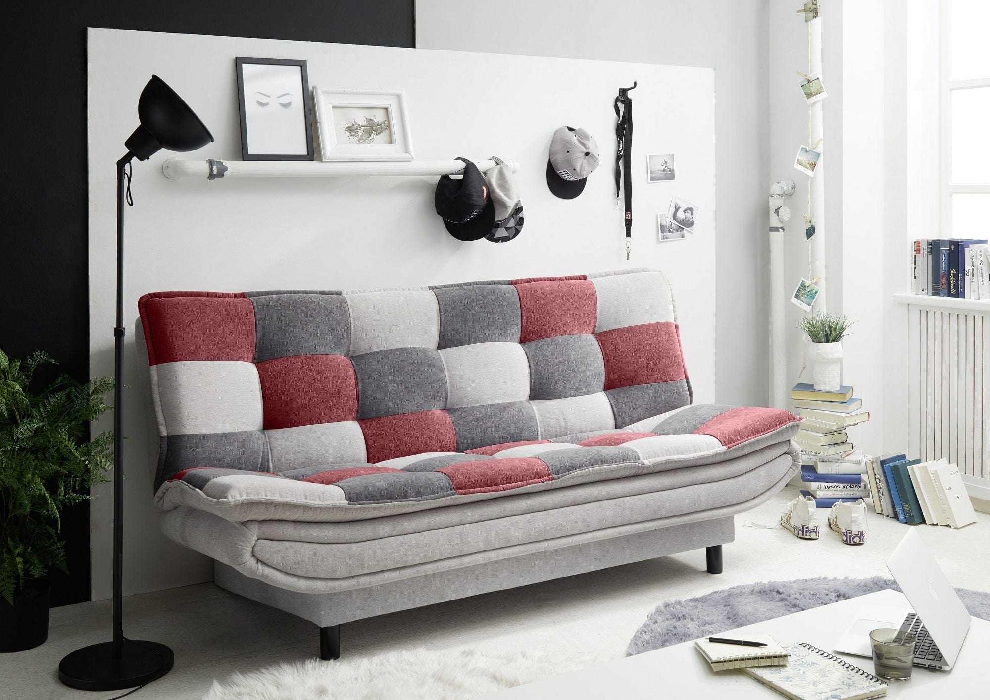 BlackRedWhite Canapea extensibila tapitata cu stofa, 3 locuri Patris Patch Gri / Bordeaux, l188xA89xH90 cm