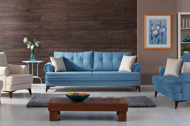 Serhat Canapea extensibila tapitata cu stofa, 3 locuri Step Albastru K1, l225xA92xH85 cm