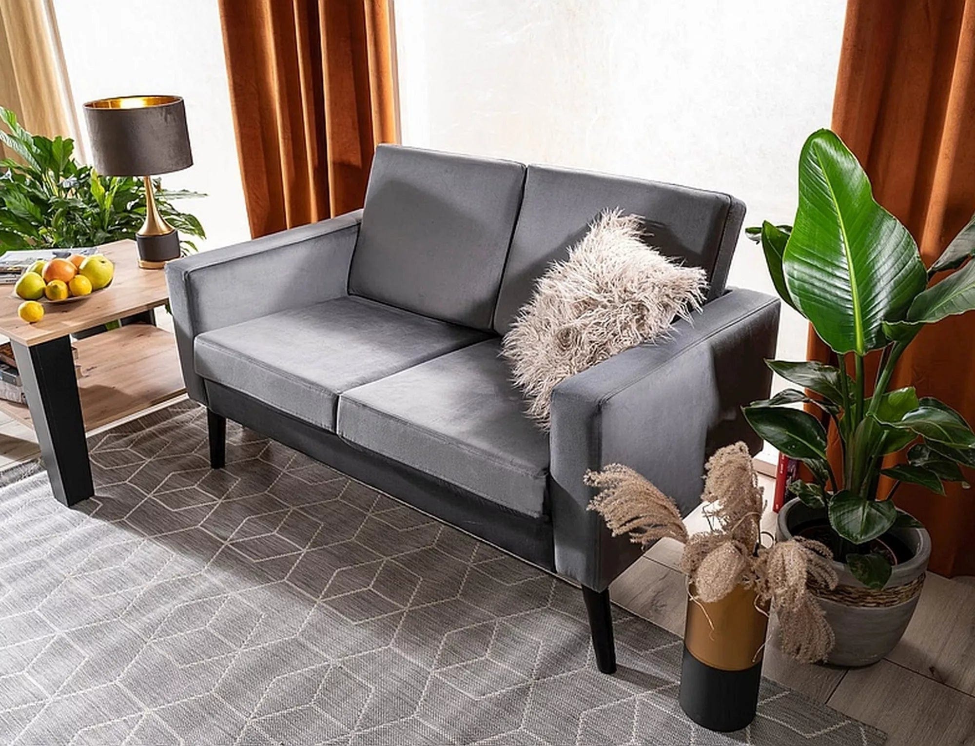 Canapea Fixa, 2 locuri, tapitata cu stofa, Darla Velvet Gri / Wenge, l139xA78xH85 cm (2)