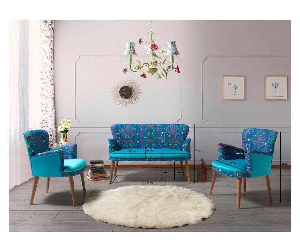 Oyo Canapea Fixa, 2 Locuri, tapitata cu stofa, Etnik Turcoaz / Multicolor, l125xA60xH75 cm