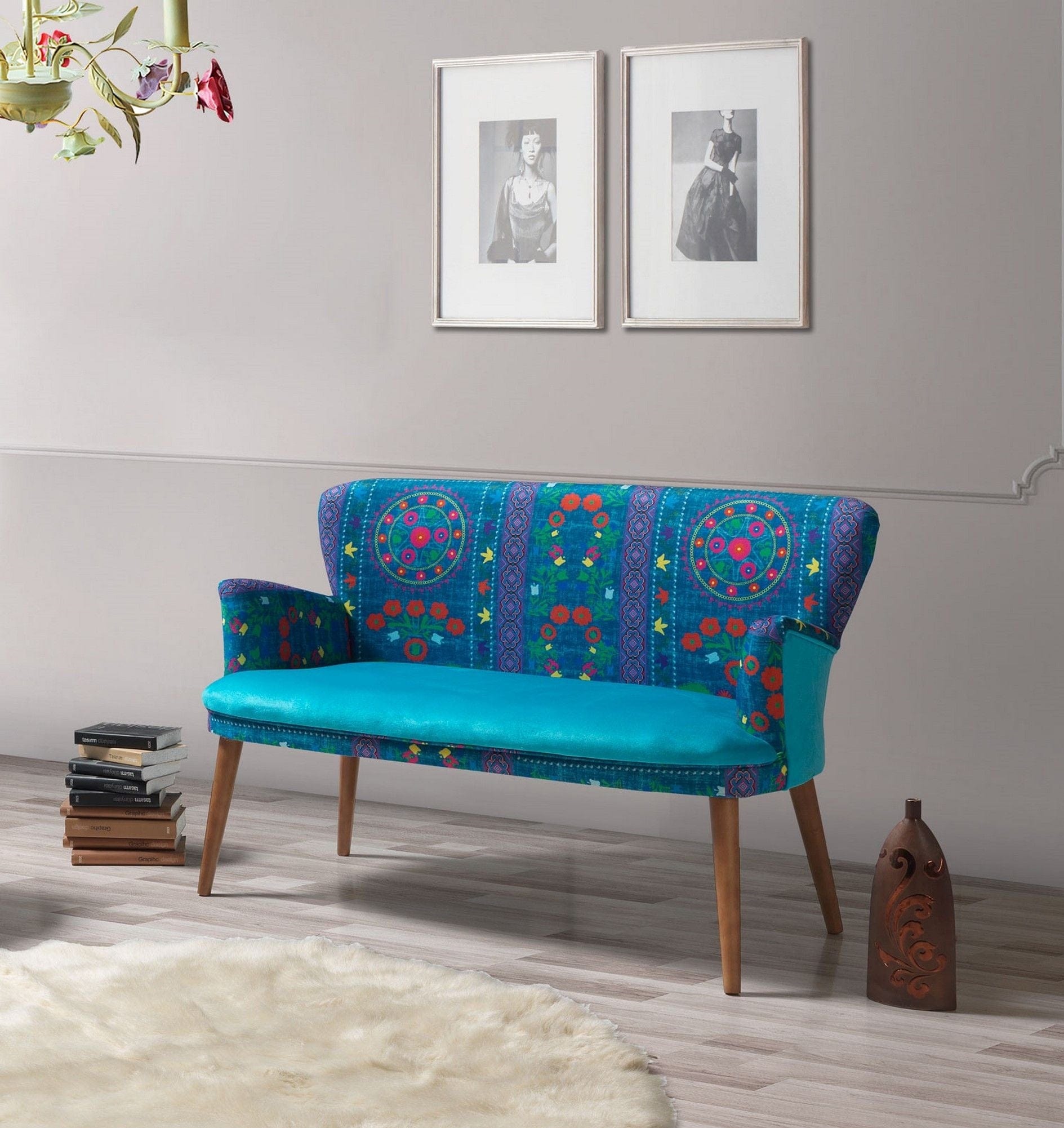 Oyo Canapea Fixa, 2 Locuri, tapitata cu stofa, Etnik Turcoaz / Multicolor, l125xA60xH75 cm