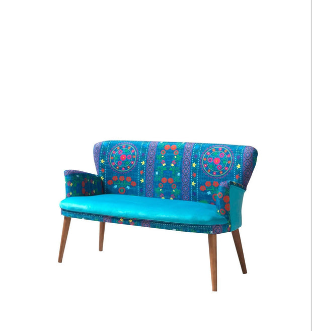 Oyo Canapea Fixa, 2 Locuri, tapitata cu stofa, Etnik Turcoaz / Multicolor, l125xA60xH75 cm