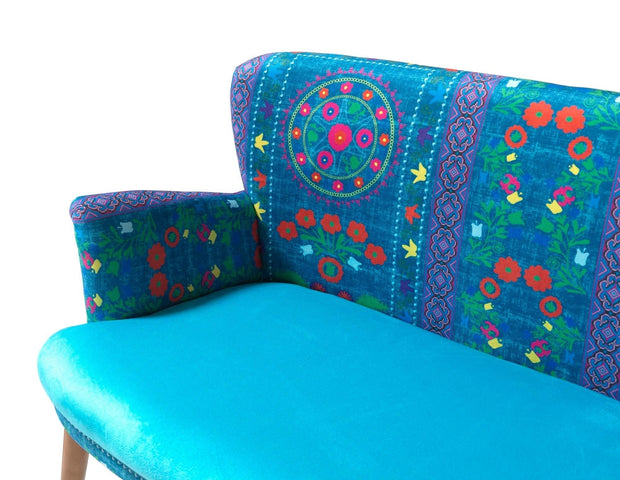 Oyo Canapea Fixa, 2 Locuri, tapitata cu stofa, Etnik Turcoaz / Multicolor, l125xA60xH75 cm