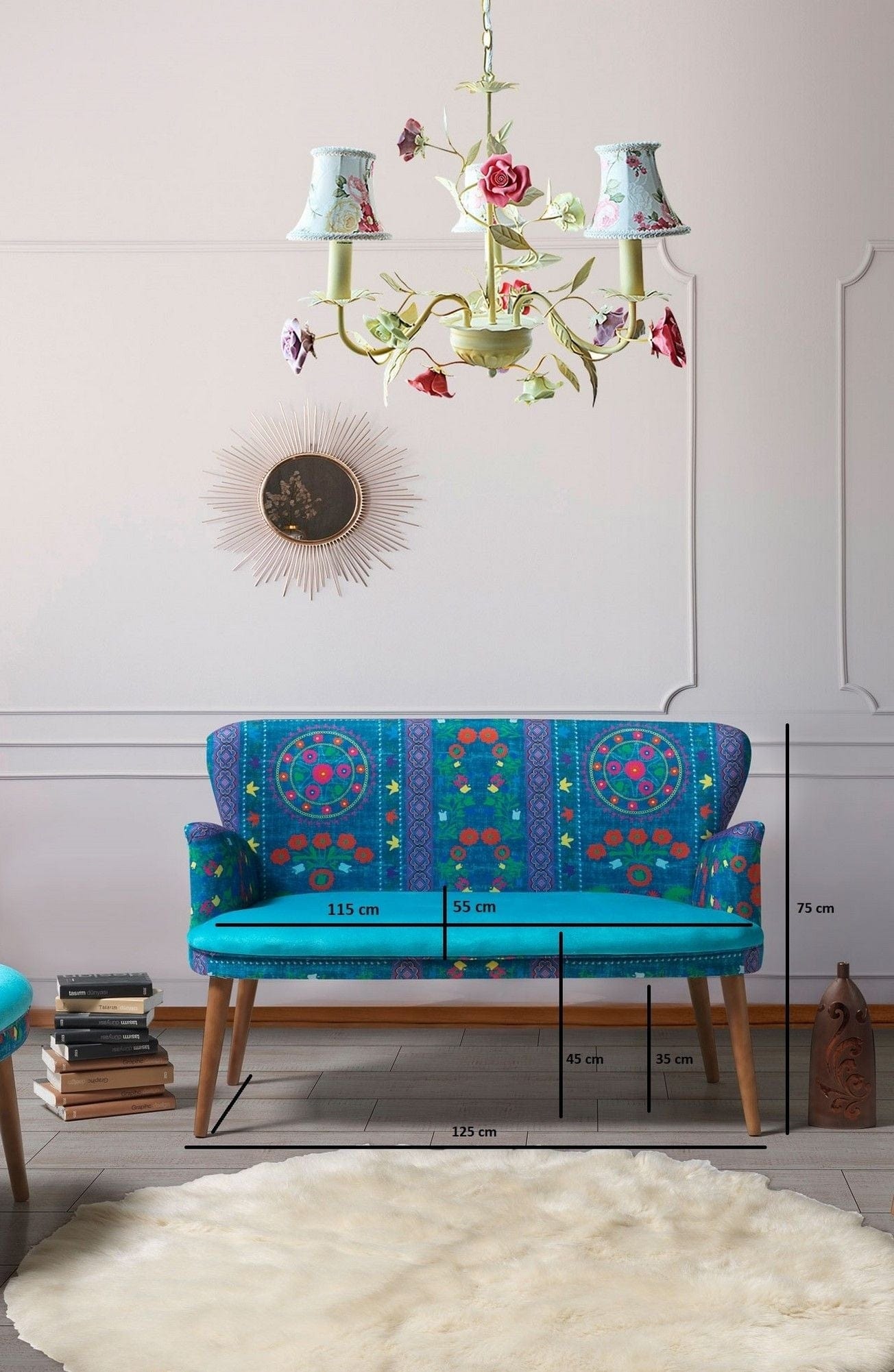 Oyo Canapea Fixa, 2 Locuri, tapitata cu stofa, Etnik Turcoaz / Multicolor, l125xA60xH75 cm