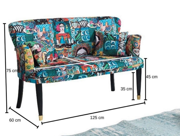 Oyo Canapea Fixa, 2 Locuri, tapitata cu stofa, Frida Multicolor, l125xA60xH75 cm