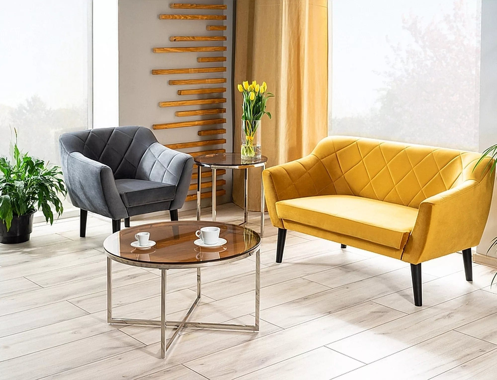 Canapea Fixa, 2 locuri, tapitata cu stofa, Karo 2 Velvet Galben / Wenge, l140xA75xH76 cm (1)