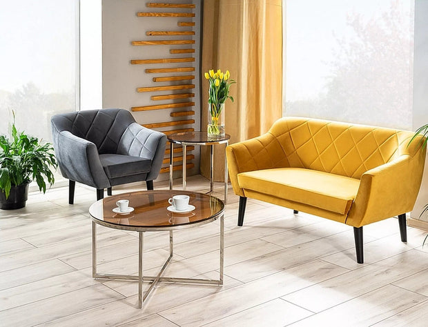 Canapea Fixa, 2 locuri, tapitata cu stofa, Karo 2 Velvet Galben / Wenge, l140xA75xH76 cm (1)