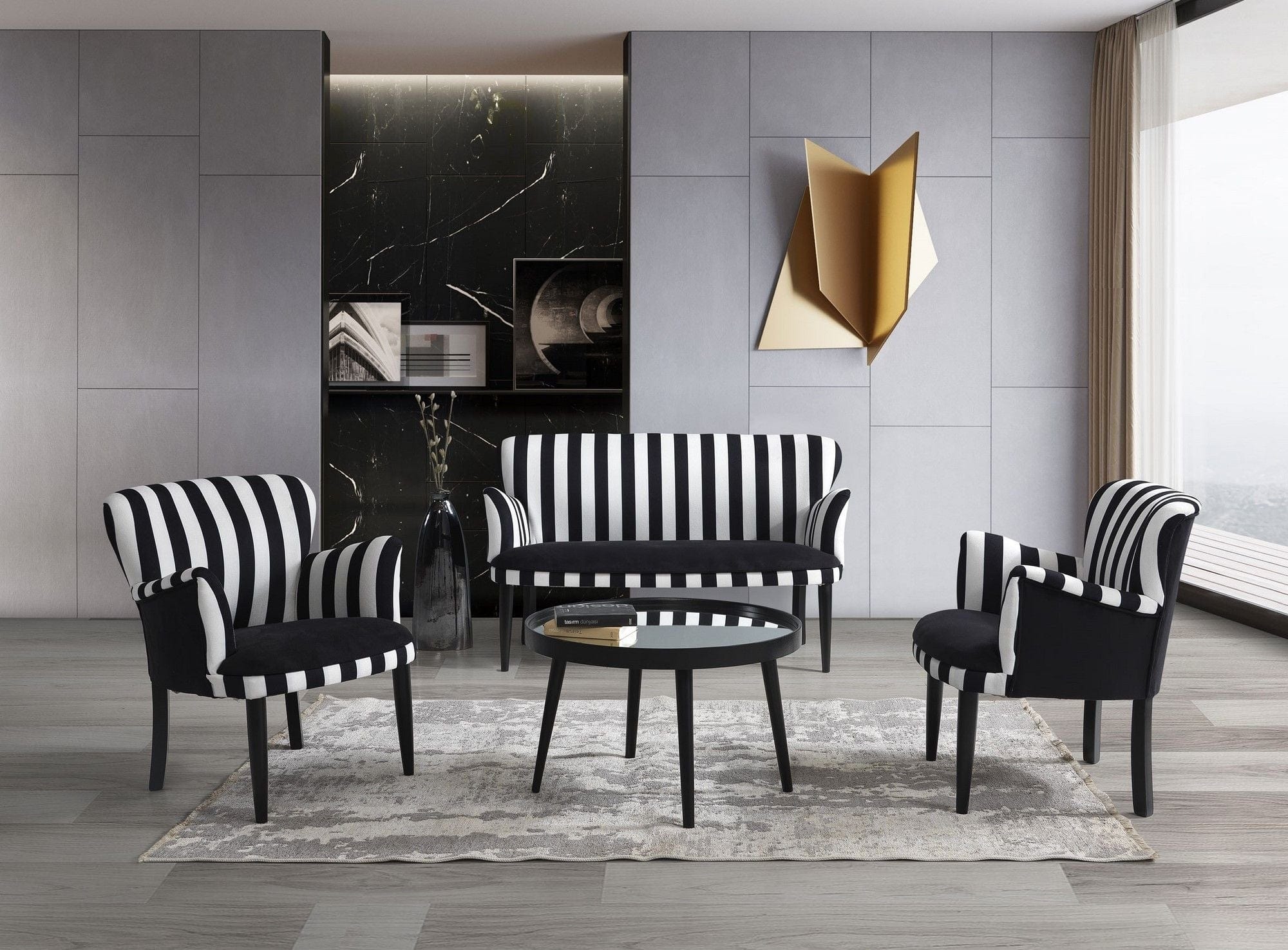 Canapea Fixa, 2 Locuri, tapitata cu stofa, Zebrano Negru / Alb, l125xA60xH75 cm (1)