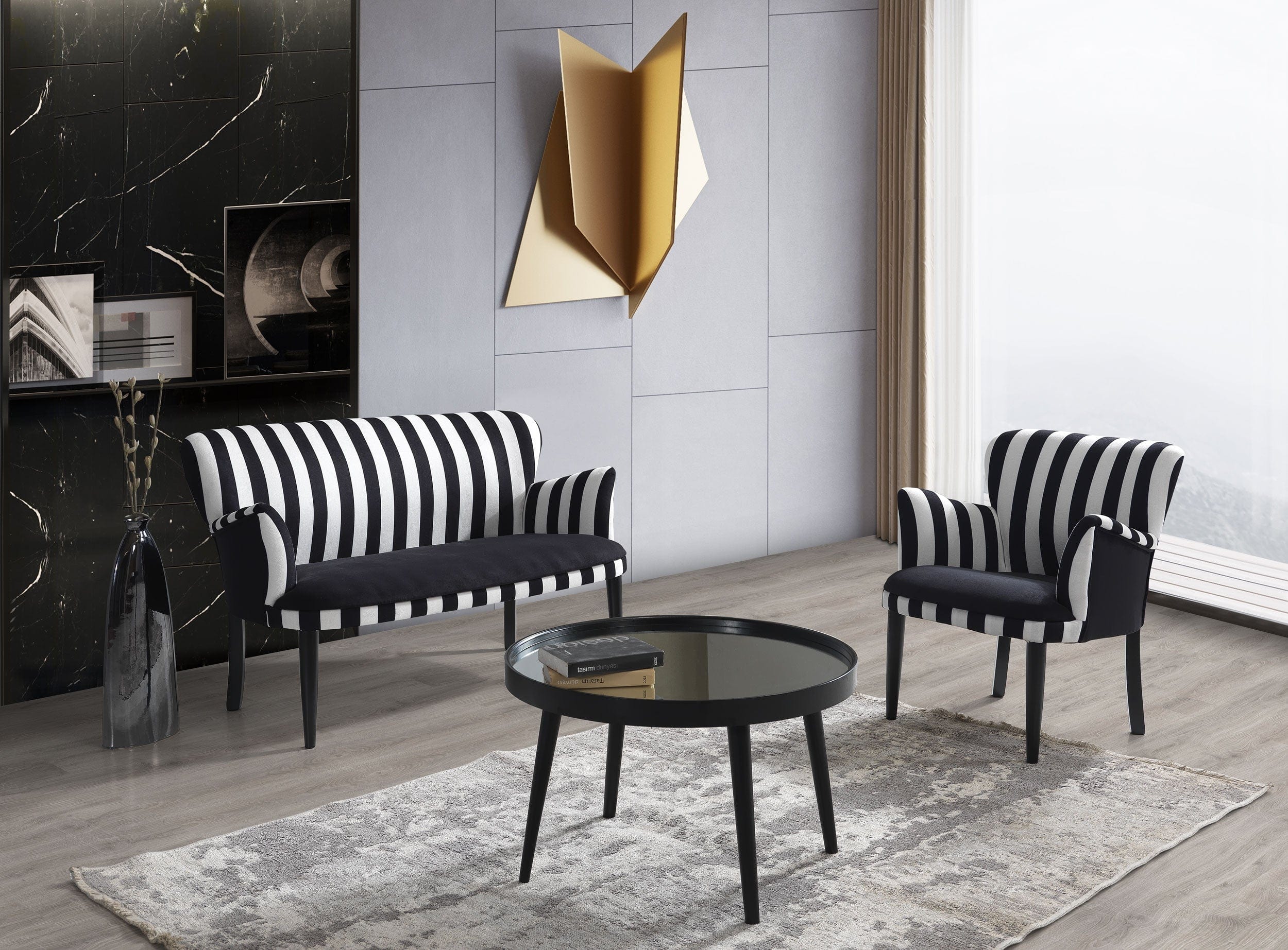 Canapea Fixa, 2 Locuri, tapitata cu stofa, Zebrano Negru / Alb, l125xA60xH75 cm (3)