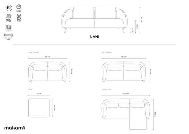 Makamii Canapea Fixa, 4 locuri, Tapitata cu Stofa, Nani Velvet 4S-C2 Gri Inchis / Negru, l226xA99xH82 cm