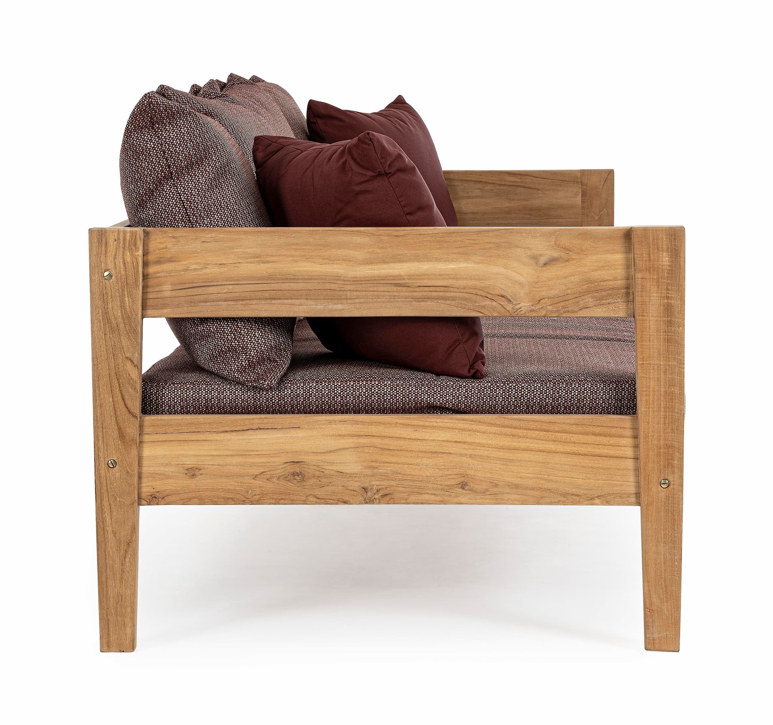 Canapea fixa pentru gradina / terasa, din lemn de tec, cu perne detasabile, 3 locuri, Kobo Burgundy / Natural, l190xA90xH79 cm (5)