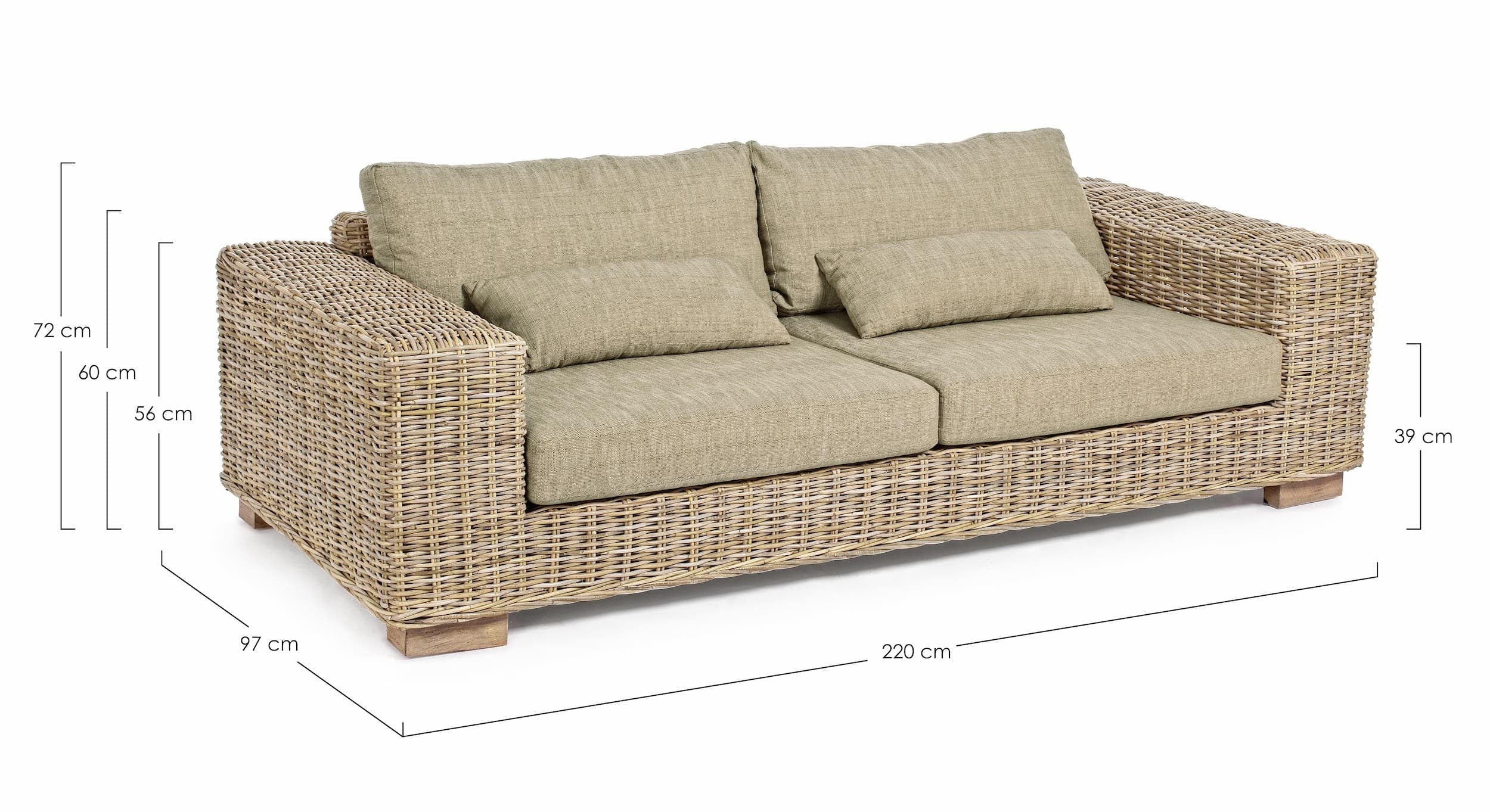 Canapea fixa pentru gradina / terasa, din ratan kubu si lemn de mango, cu perne detasabile, 3 locuri, Leandro Natural, l220xA97xH72 cm (6)