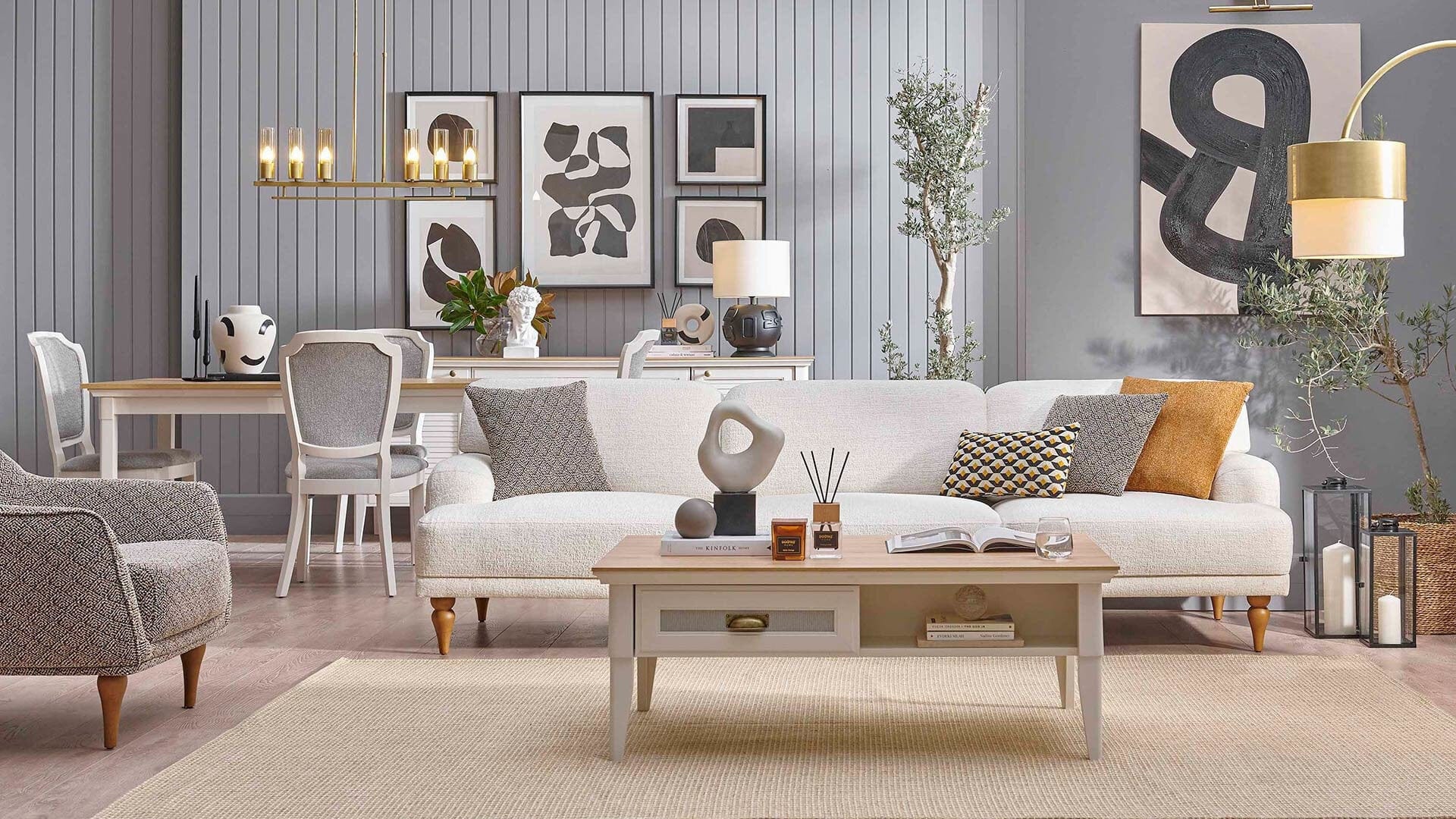 Dogtas Canapea fixa tapitata cu stofa, 4 locuri, Toscana Crem, l260xA92xH80,5 cm