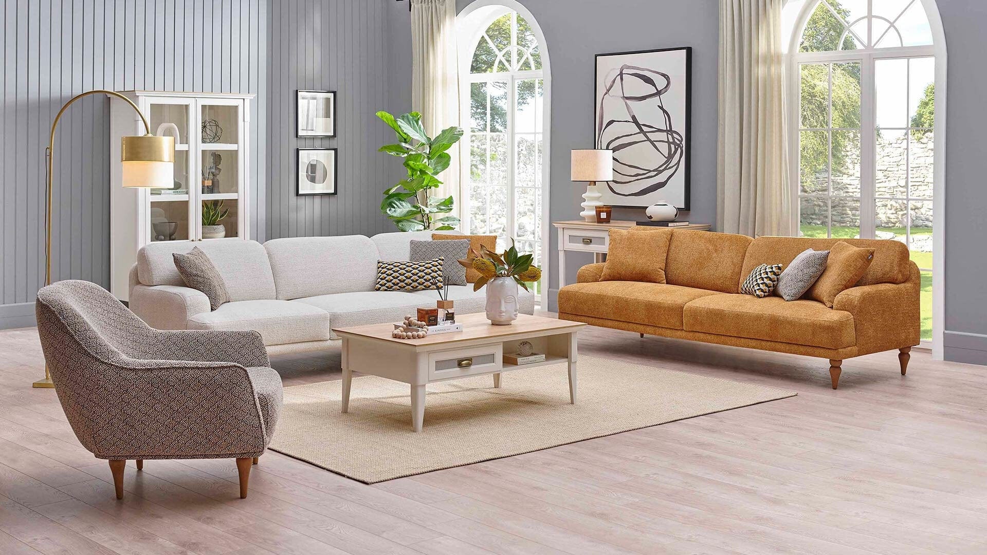 Dogtas Canapea fixa tapitata cu stofa, 4 locuri, Toscana Crem, l260xA92xH80,5 cm