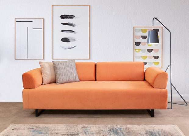 Asir Canapea Infinity Velvet Somon Functie Sleep, cu Spuma Poliuretanica, 3 Locuri, Suprafata de Dormit 210x90 cm, tapitata cu Stofa Easy Clean, Spatar si Cotiere Detasabile, Masuta de Cafea si Perne Incluse, l220xA90xH80 cm