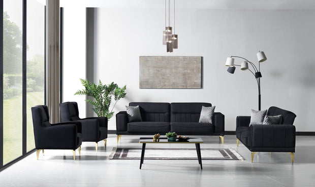 Serhat Canapea Nancy Velvet Negru Extensibila cu Spuma Poliuretanica, 3 Locuri, Suprafata de Dormit 190x105 cm, tapitata cu Stofa, Perne Incluse, l237xA88xH87 cm