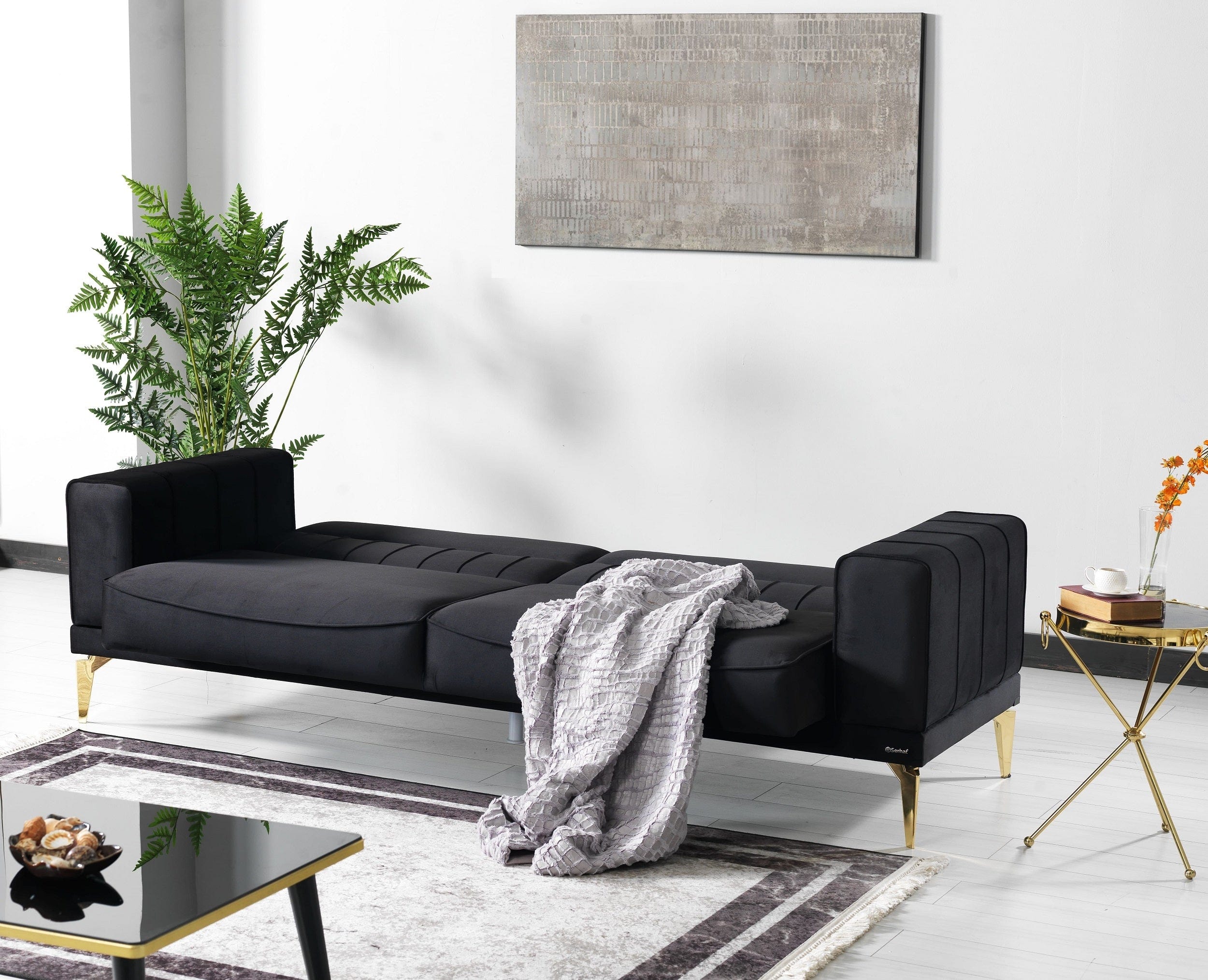 Serhat Canapea Nancy Velvet Negru Extensibila cu Spuma Poliuretanica, 3 Locuri, Suprafata de Dormit 190x105 cm, tapitata cu Stofa, Perne Incluse, l237xA88xH87 cm